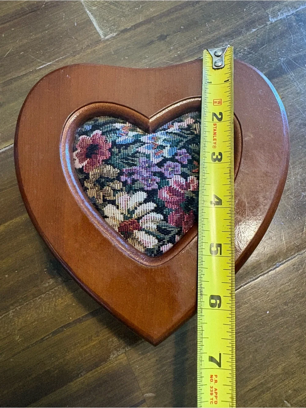 Vintage Heart Shaped Wood Jewelry Box Tapestry Velvet Mirror Grandma Granny